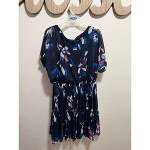 DKNY Womens Navy Blue Floral Print Pleated Fit and Flare Dress